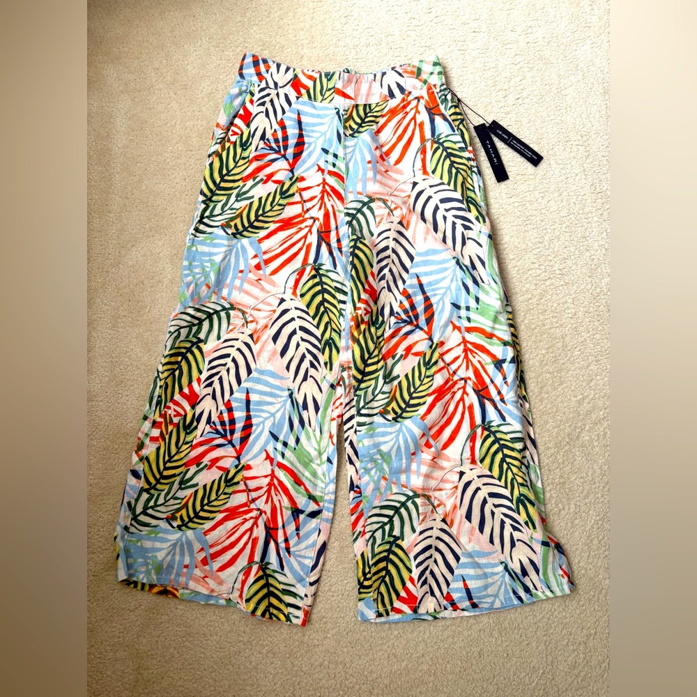 Tahari tropical print wide leg 100% linen short relaxed fit pants, sz M colorful